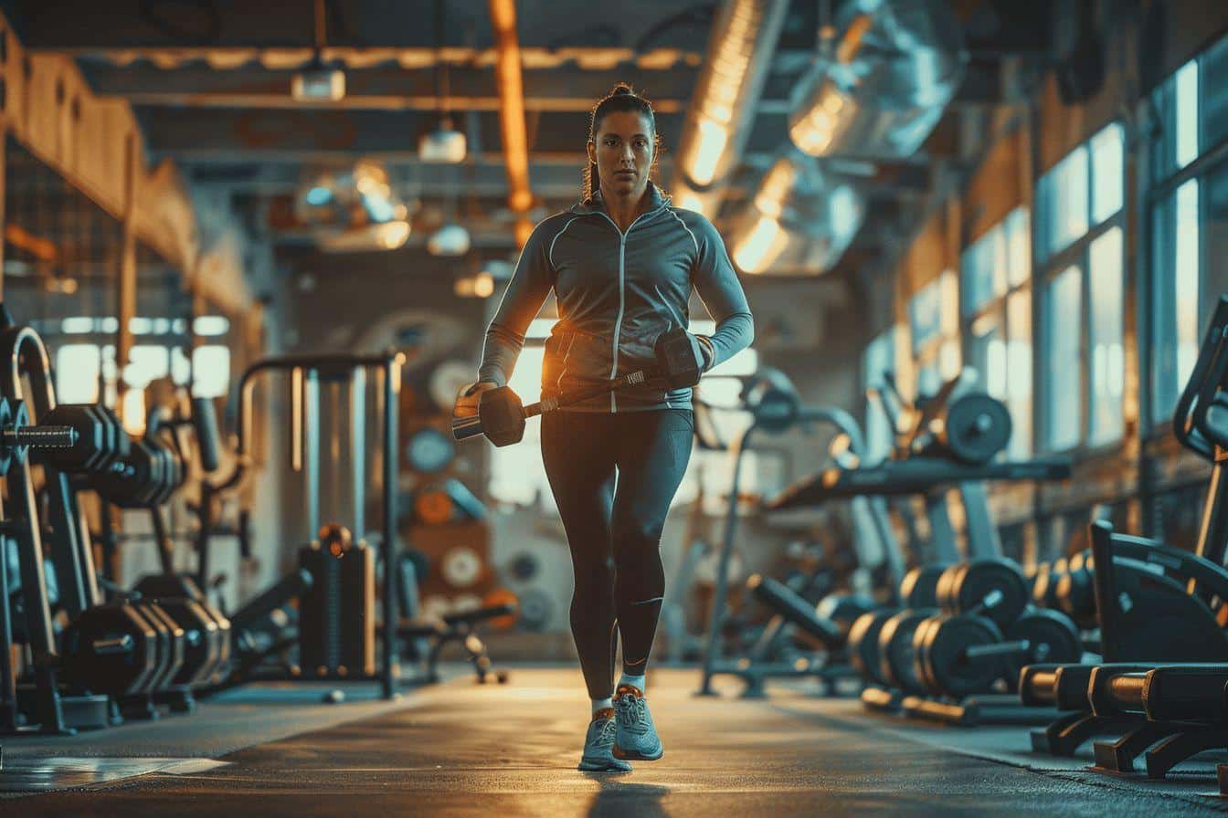 Une femme athlétique s'entraîne avec des haltères dans une salle de sport.