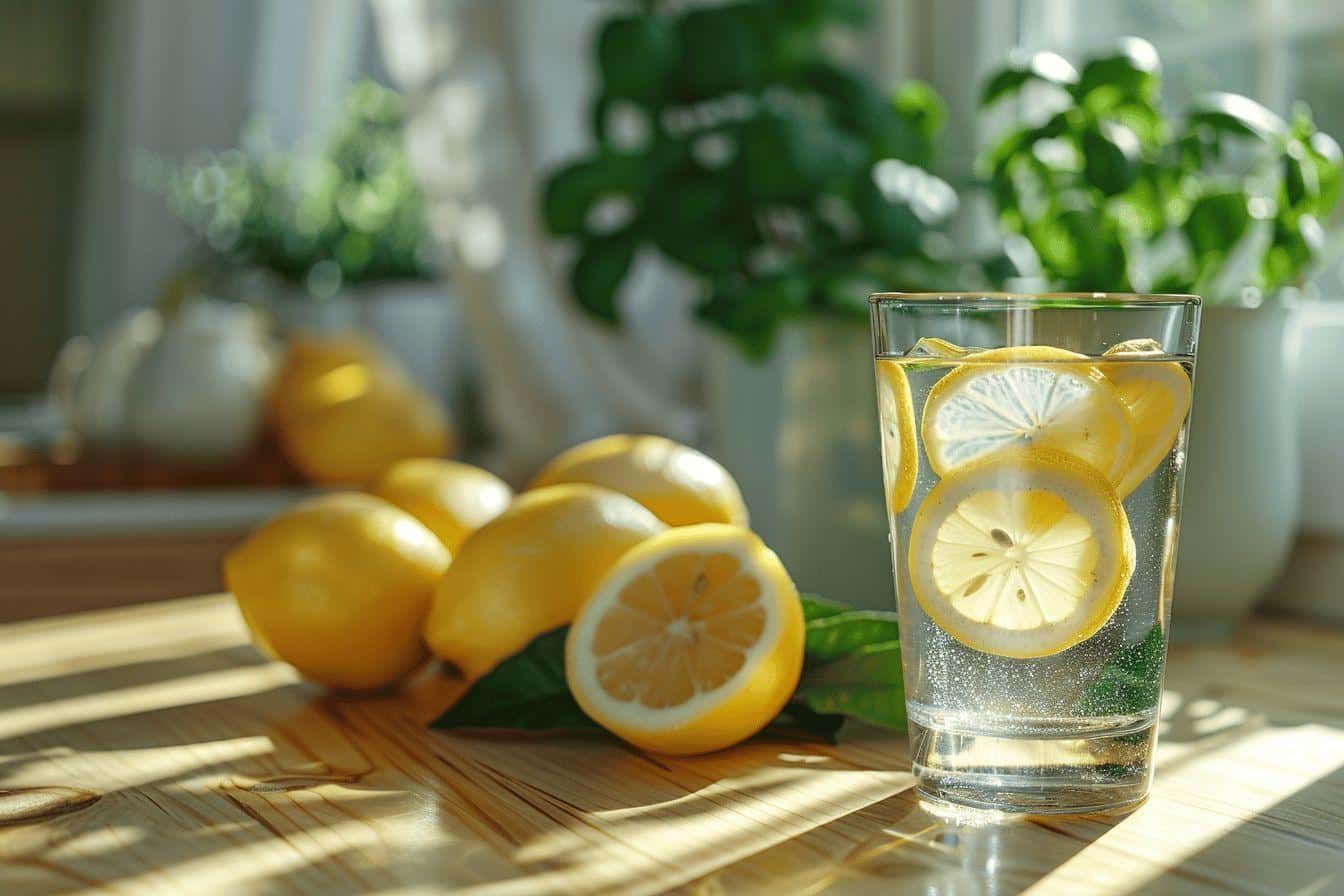 Verre de limonade fraîche avec des tranches de citron
