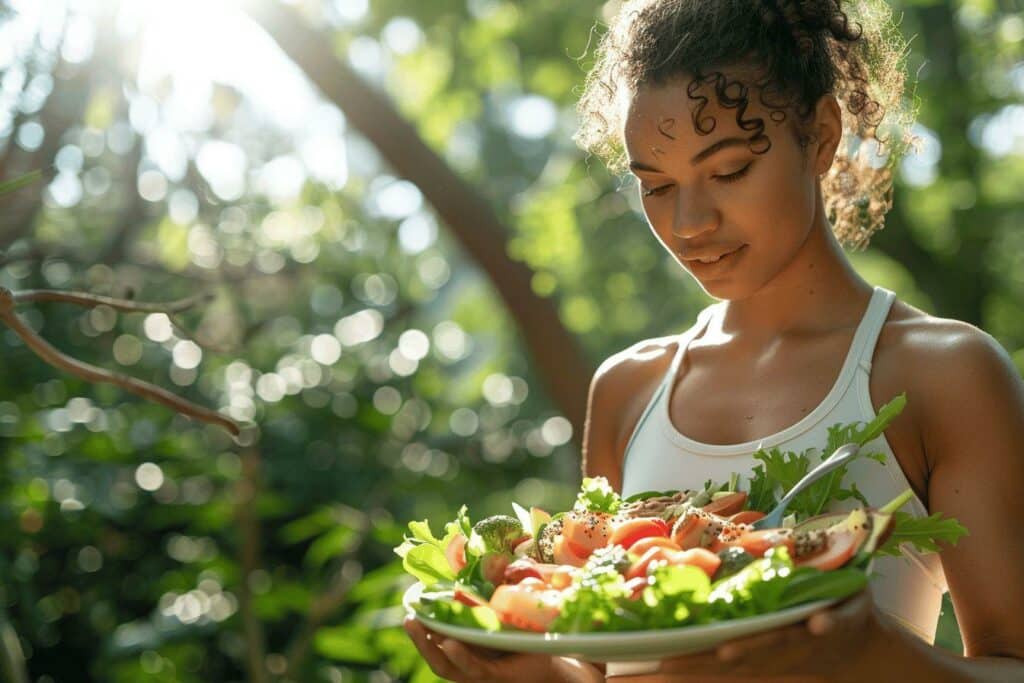 Une femme souriante tient un bol rempli de légumes et d'herbes fraîches.