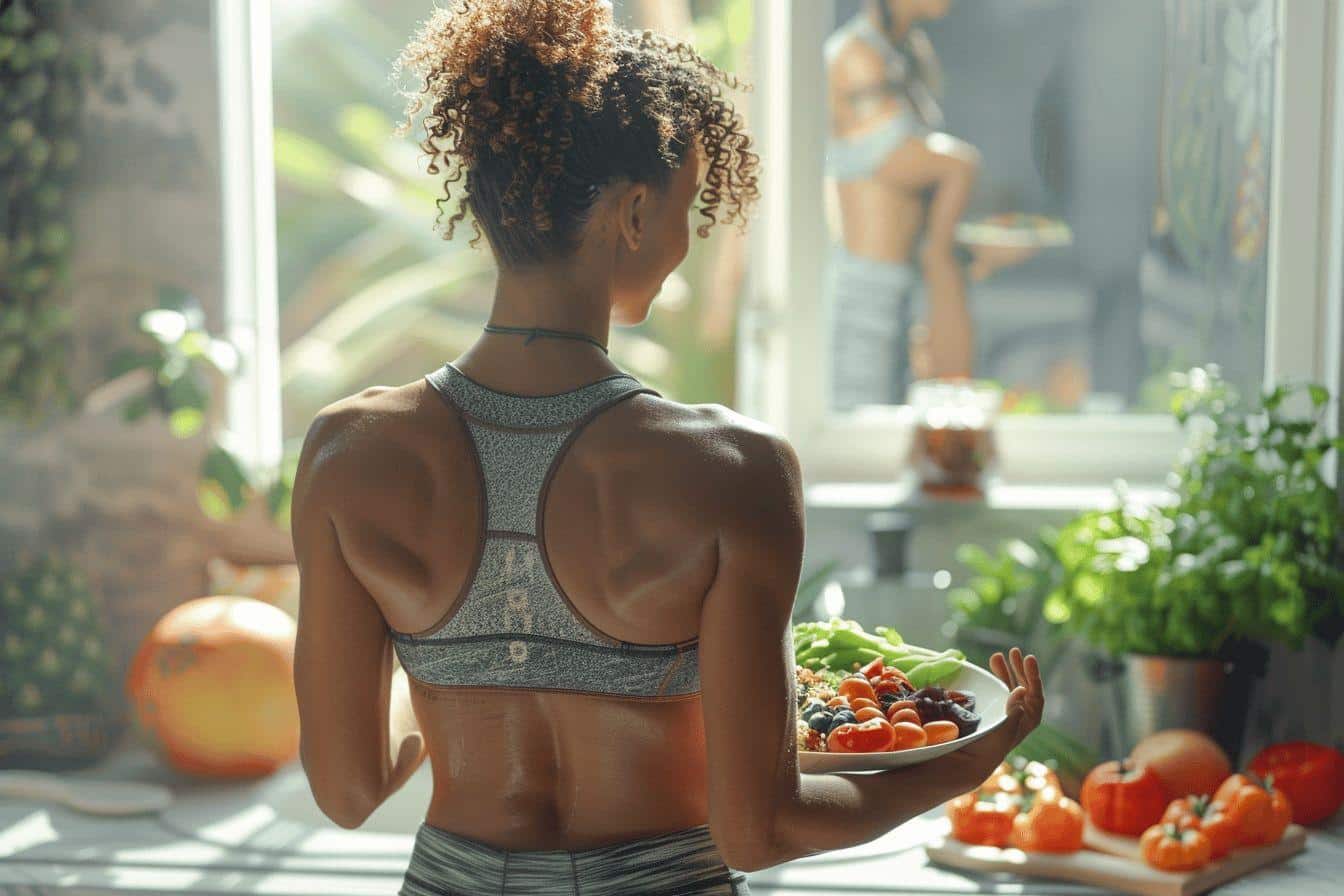 Une femme de profil tenant un bol de légumes frais dans une cuisine lumineuse.