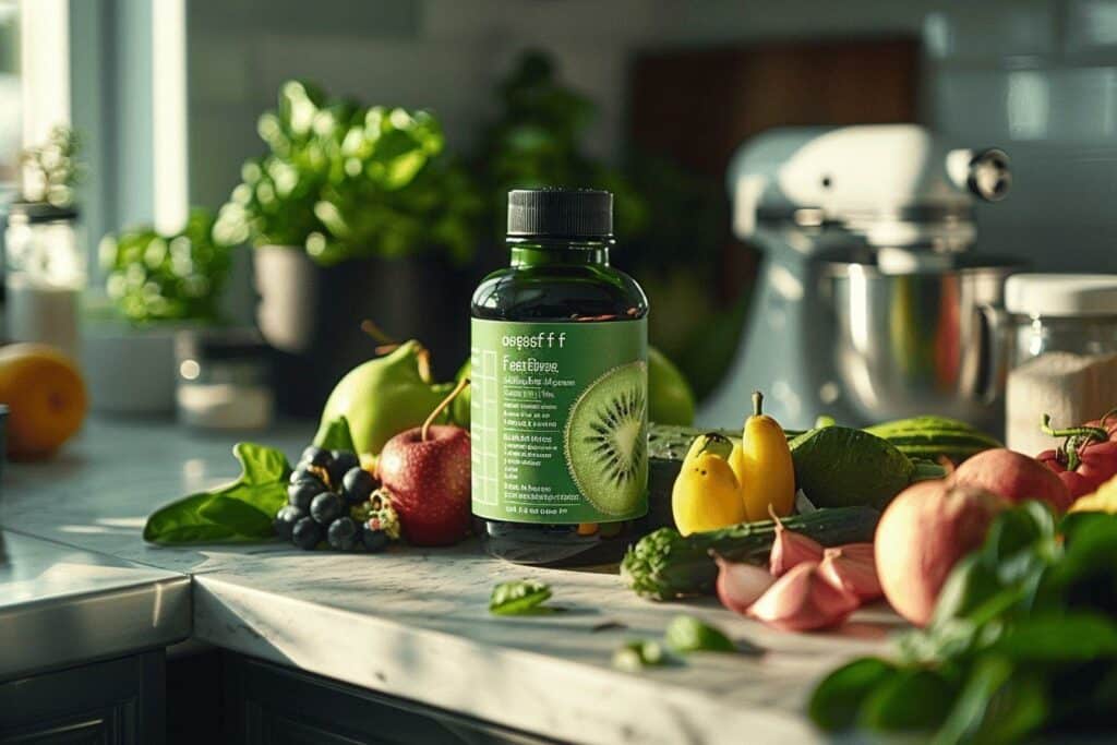 Variété de fruits et légumes frais sur un plan de travail de cuisine