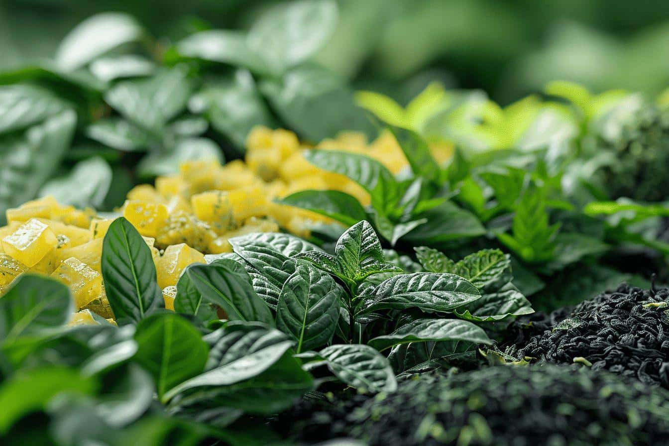 Gros plan sur des feuillages verts et des fleurs jaunes dans un jardin luxuriant