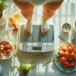 Gros plan sur des pieds nus debout sur une balance électronique entourée de fruits frais