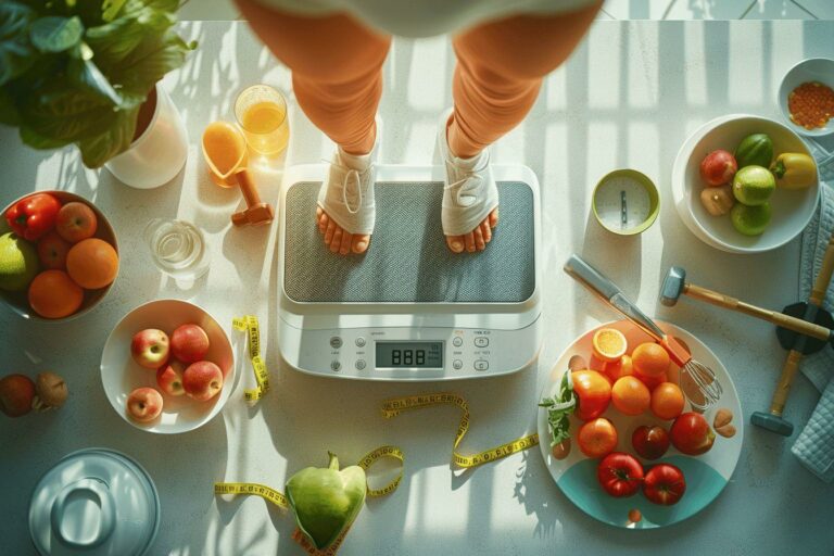 Gros plan sur des pieds nus debout sur une balance électronique entourée de fruits frais