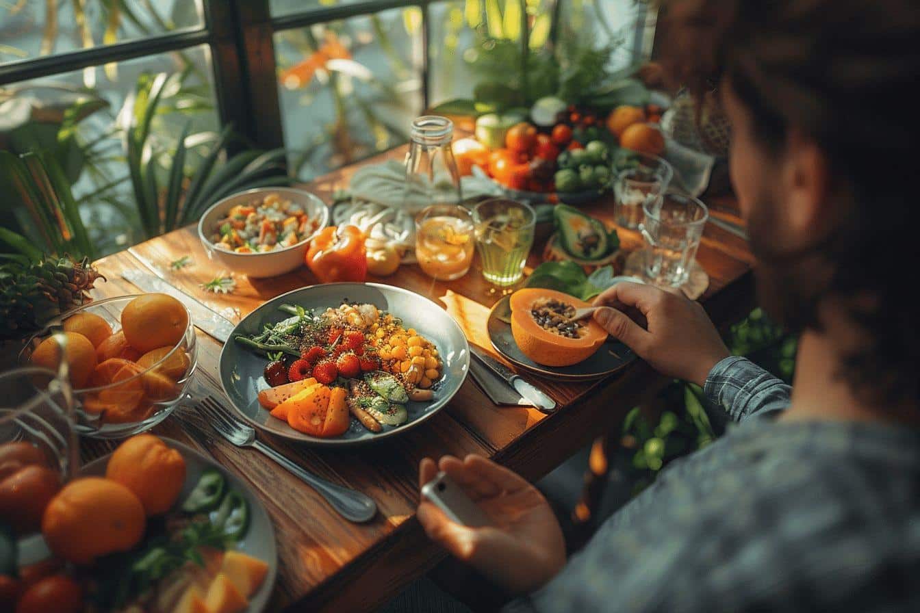 Une table remplie de plats végétariens colorés et appétissants