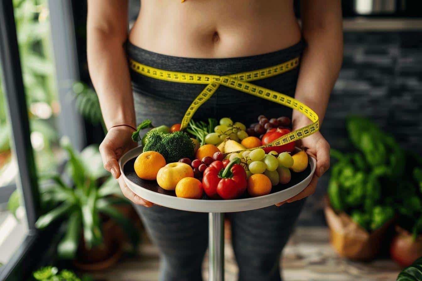 Variété de fruits et légumes dans un plateau accompagné d'un mètre ruban