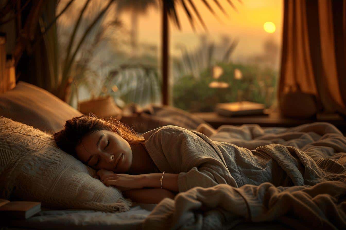 Une femme endormie sur un lit confortable dans un environnement tropical