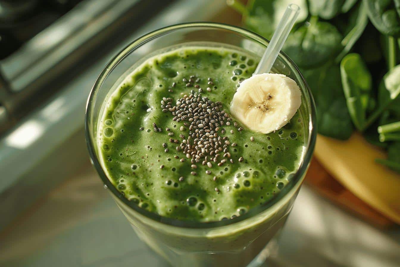 Verre de smoothie vert avec banane et graines, sur fond végétal